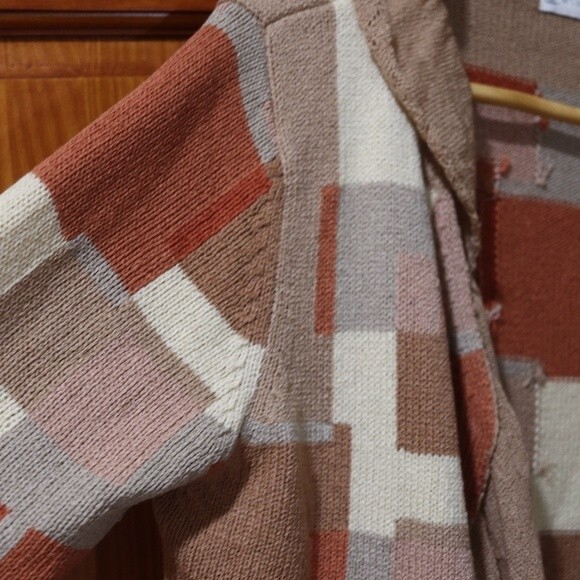 Wildroot Retro Ruffle Vintage Cardigan Sweater LG Shades of Brown Geometric - Picture 6 of 13